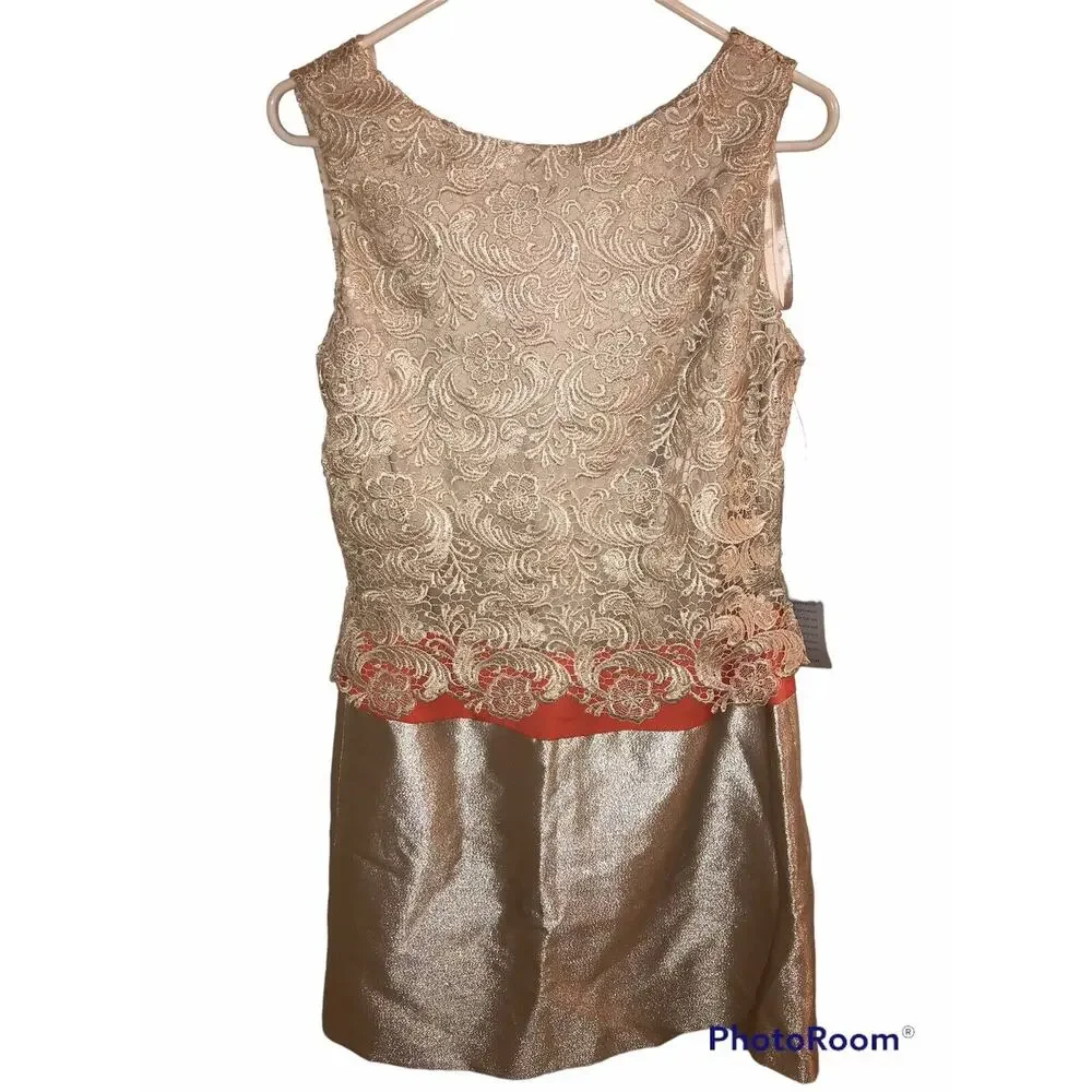 Eliza J MISSY Women's Dress Size 8 Lace Coral‎ Gold Beige Shift Mini Formal NWT - Picture 2 of 6